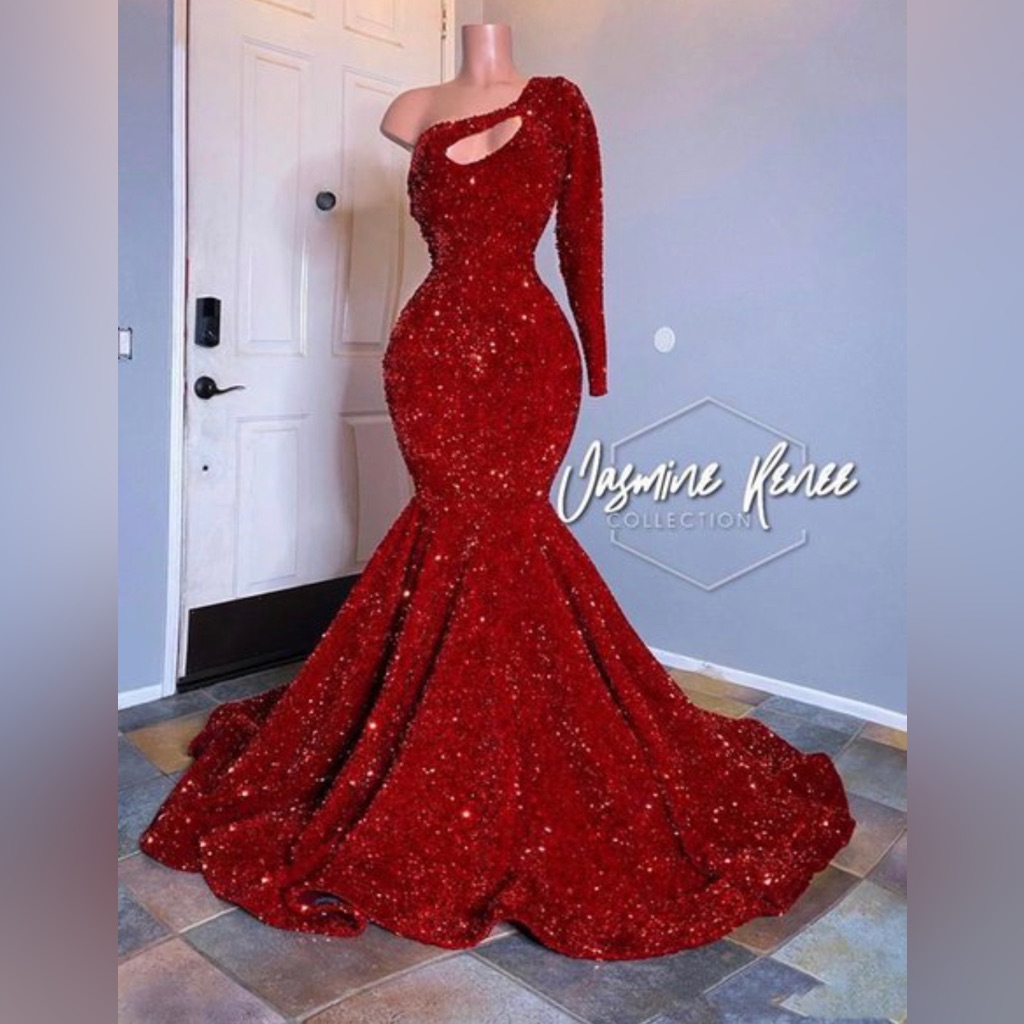 Red One Shoulder Sequins Mermaid Long Prom Dress.